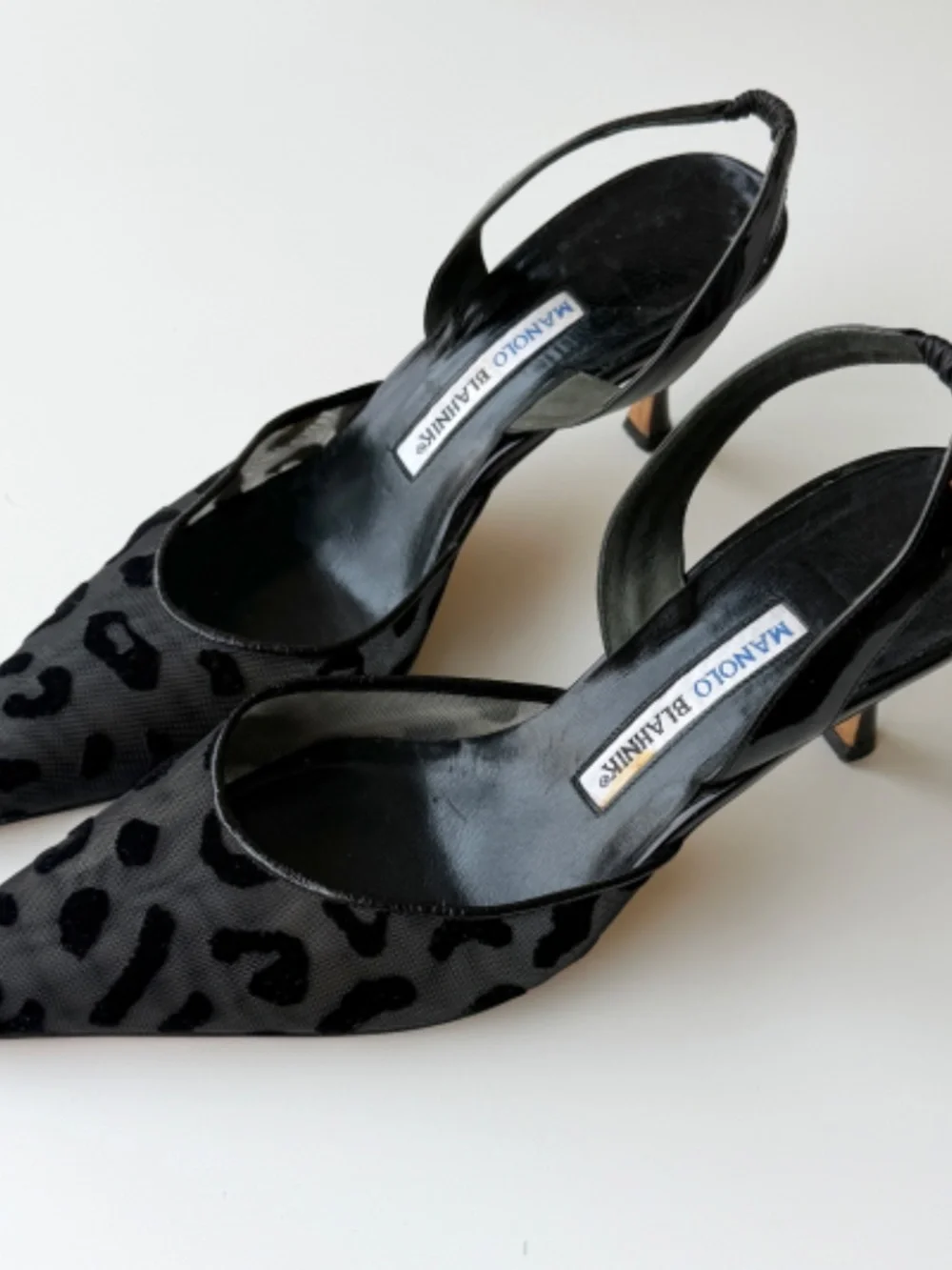Vintage Manolo Blahnik black leopard mesh slingback, IT 39, approx. US 8.5–9